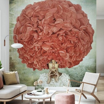 Bad Hair Day Photowall, un wallpaper minimalist cu o femeie cu o coafură extravagantă din flori