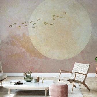 Wallpaper cu un design minimalist, cu păsări care zboară spre luna plină, pe un fundal pastelat.