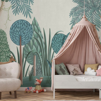 Tapet Nightfall Garden - Panorama cu o imagine panoramică cu palmieri înalți și tufișuri luxuriante, perfect pentru dormitor, sufragerie sau birou.