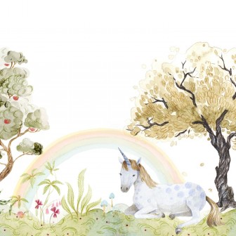 Tapet cu un unicorn, copaci cu fructe și un curcubeu