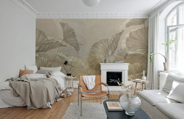 Fototapet Bej cu Frunze - Decor Elegant