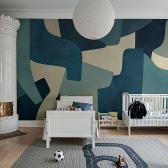 Fototapet decorativ cu straturi serene, albastru, într-o cameră de copii