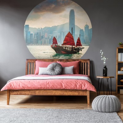 Wallpaper rotund cu skyline urban si junca chinezeasca