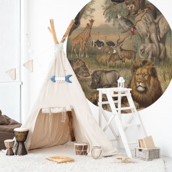 Tapet rotund cu animale din Africa, diametru 190 cm, imagini cu leul, girafa, elefantul și alte animale din Africa, decorativ pentru camera copilului, dormitor sau living