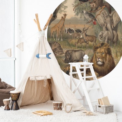 Tapet rotund cu animale din Africa, diametru 190 cm, imagini cu leul, girafa, elefantul și alte animale din Africa, decorativ pentru camera copilului, dormitor sau living