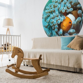 Wallpaper rotund cu Nemo the Anemonefish, un pește clovn ascunzându-se printre tentaculele anemonelor, perfect pentru decorarea casei.
