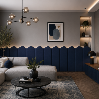 Panou tapițat bleumarin Arrow, 20 cm, montat pe peretele din spatele unei canapele într-un living modern.