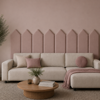 Panou tapițat roz cu design Arrow deasupra unui canapea crem