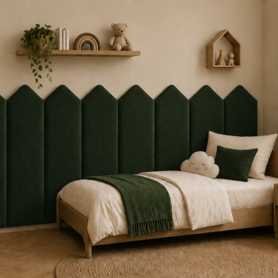 Panou tapițat verde cu design în formă de săgeată, instalat pe peretele de deasupra unui pat de copil.