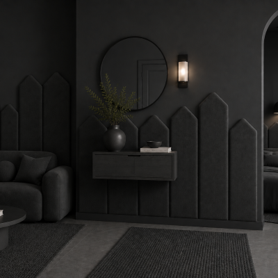 Panou tapițat gri grafit, 20 cm, cu design modern în formă de săgeți, integrat într-un living elegant.