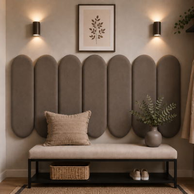 Panouri tapițate negre cu design geometric deasupra unui pat.