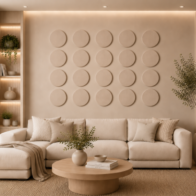 Panouri decorative rotunde negre aranjate pe un perete într-un hol modern