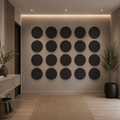 Panouri decorative rotunde negre aranjate pe un perete într-un hol modern