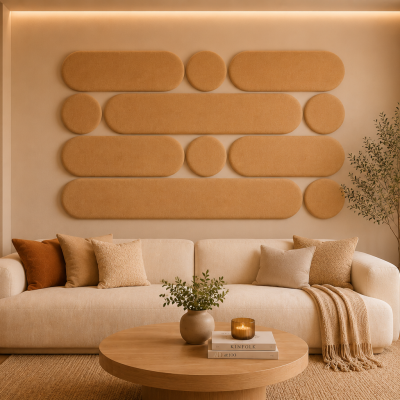 Panouri decorative rotunde negre aranjate pe un perete într-un hol modern