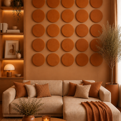 Panouri decorative rotunde negre aranjate pe un perete într-un hol modern