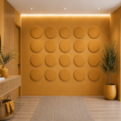 Panouri decorative rotunde negre aranjate pe un perete într-un hol modern