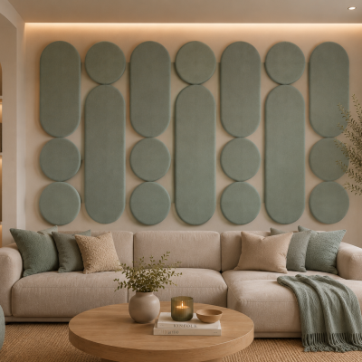 Panouri decorative rotunde negre aranjate pe un perete într-un hol modern