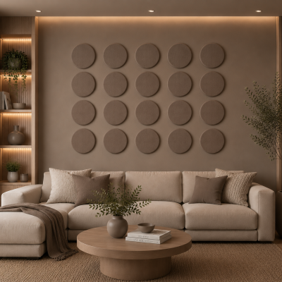 Panouri decorative rotunde negre aranjate pe un perete într-un hol modern