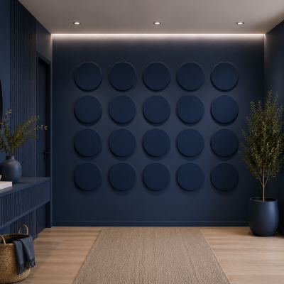 Panouri decorative rotunde negre aranjate pe un perete într-un hol modern