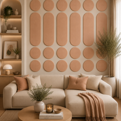 Panouri decorative rotunde negre aranjate pe un perete într-un hol modern