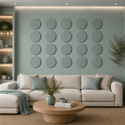 Panouri decorative rotunde negre aranjate pe un perete într-un hol modern