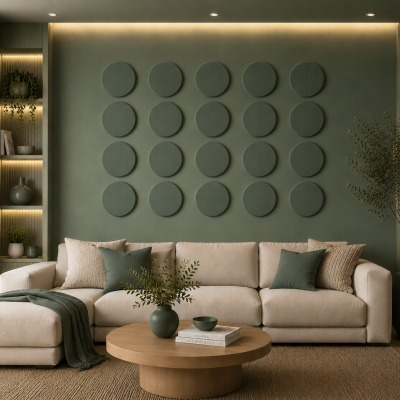 Panouri decorative rotunde negre aranjate pe un perete într-un hol modern