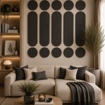 Panouri decorative rotunde negre aranjate pe un perete într-un hol modern
