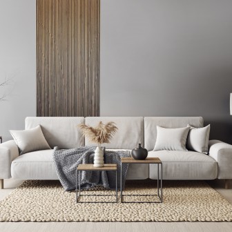 Panou decorativ riflat 3D stejar craft într-un living modern