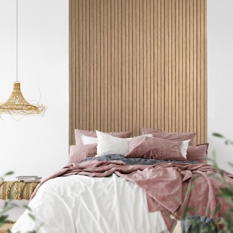 Panou decorativ riflat 3D stejar auriu în dormitor modern