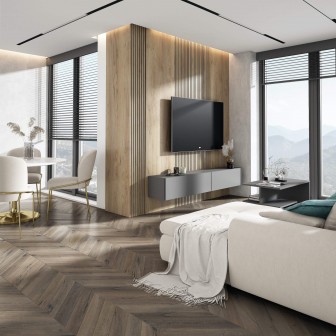 Panou decorativ riflat stejar craft într-un living modern