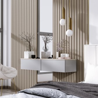 Panou decorativ riflat 3D amber și bej într-un dormitor modern