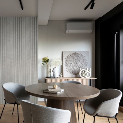 Panou decorativ riflat 3D gri si amber intr-un interior modern