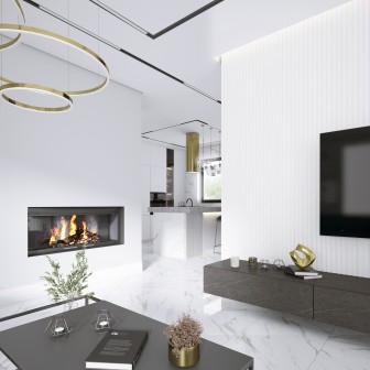 Panou decorativ riflat 3D alb într-un living modern