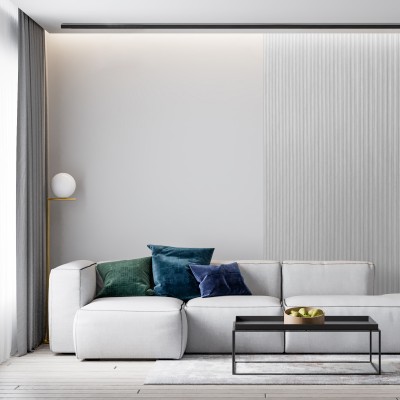 Panou decorativ riflat 3D gri într-un living modern