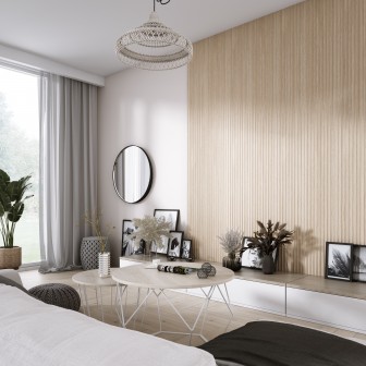 Panou decorativ 3D riflat Stejar Natural Panou decorativ 3D riflat cu aspect de stejar natural într-un living modern