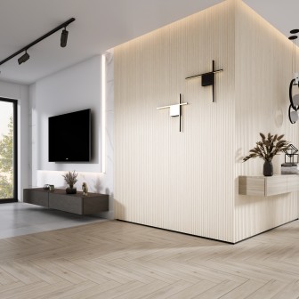 Panou 3D Onda, Stejar Alb, 270x11.2cm, cu textură ondulatorie, montat pe perete într-un living modern, cu TV, canapea și decorațiuni