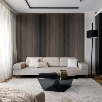 Panou decorativ riflat MDF, aspect nuc, într-un living modern