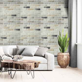 Panouri decorative cu aspect de cărămidă aparentă alb murdar într-un living modern