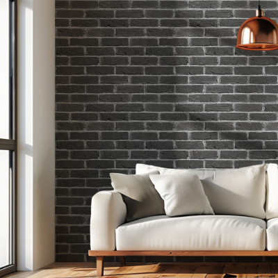 Panou decorativ cărămidă aparentă neagră într-un living modern