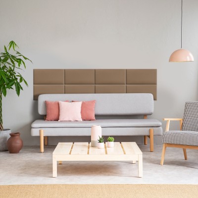 Panou tapițat catifelat bej, decor modern