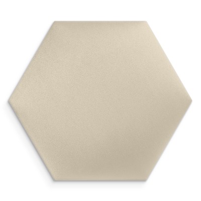 Panouri decorative hexagonale tapițate crem pe un perete alb într-o cameră de zi modernă