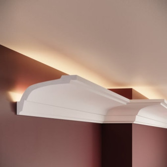 Cornișă decorativă din poliuretan montată la îmbinarea perete-tavan