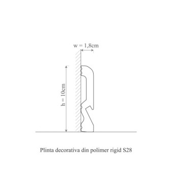 Plintă decorativă albă din polimer rigid, montată la baza peretelui