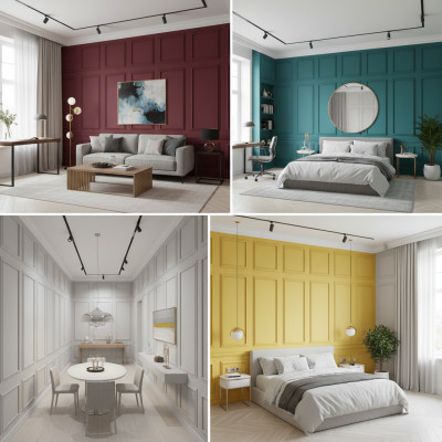 Panouri decorative MDF in diverse culori: visiniu, turcoaz, gri si galben.
