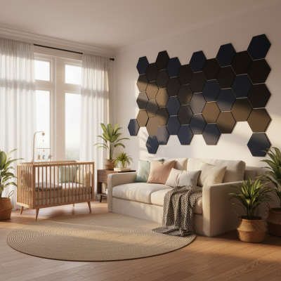 Panou tapițat hexagon catifelat, negru, într-un living modern