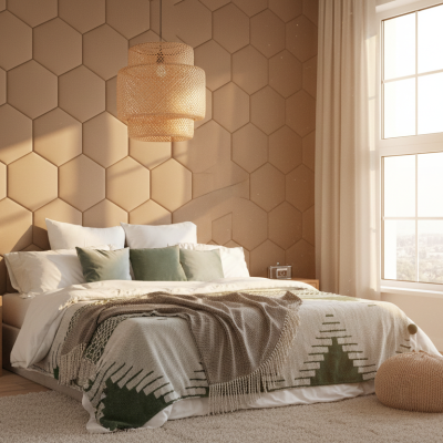 Panou tapițat hexagonal catifelat bej într-un dormitor modern