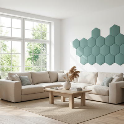 Panou tapițat hexagon catifelat, turcoaz, design interior modern