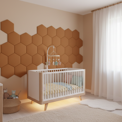 Panouri decorative tapițate hexagonale aurii într-o cameră de copii