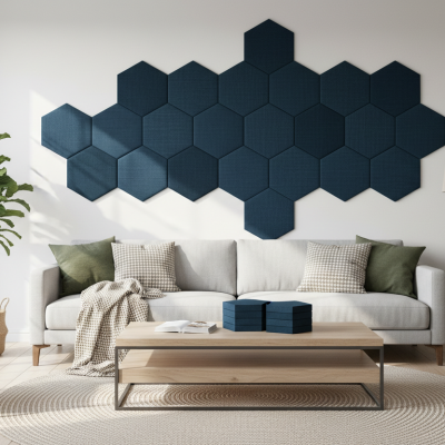Panou tapițat hexagonal catifelat bleumarin pe perete