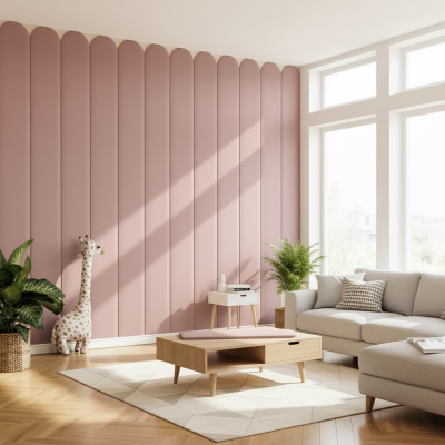 Panou tapițat catifelat roz într-un living modern